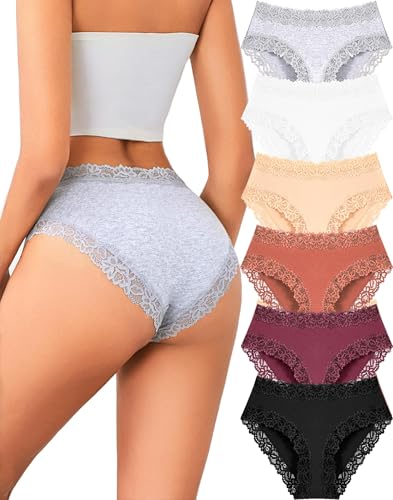 ALL OF SHE Calzoncillos de algodón para Mujer Calzoncillos de Encaje de algodón Hipster Ropa Interior Femenina Braguitas brasileñas Suaves 6 Pack