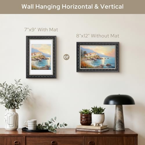 Image of Golden State Art, 8X12 Ornate Finish Photo Frame With White Mat for 7X9 Picture & Real Glass, Color: Black With Silver & Burgundy