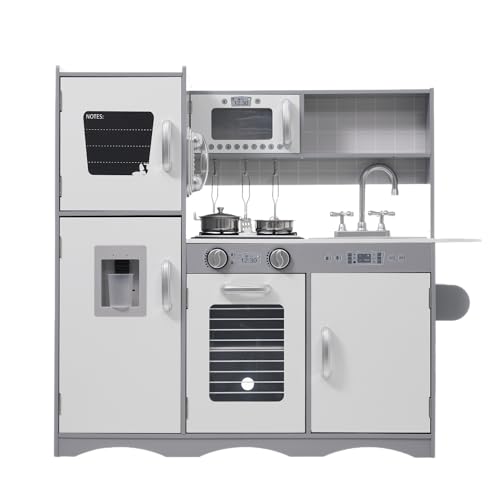 木製 キッチンセット おままごと, 洗濯機付き プレイキッチン, ライト付き 調理器具セット, 子供用 教育玩具, コンロ 電子レンジ 家事 おもちゃ, キッズ ベビー 誕生日プレゼント (ホワイト+グレー)