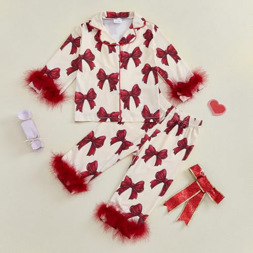 Kayotuas Kids Silk Pajamas Girls Feather Trim Pjs Button Down Shirt & Pants Cute Toddler Pajama Set Sleepwear 2Pcs Loungewear2