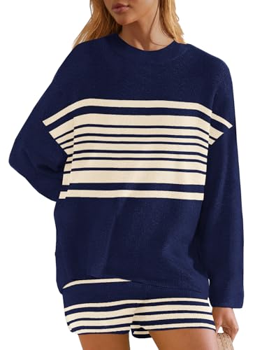 Image of Panadila Womens Striped Sweater Set Oversized Lounge Sets Matching Pajamas Long Sleeve Sweater Top and Shorts