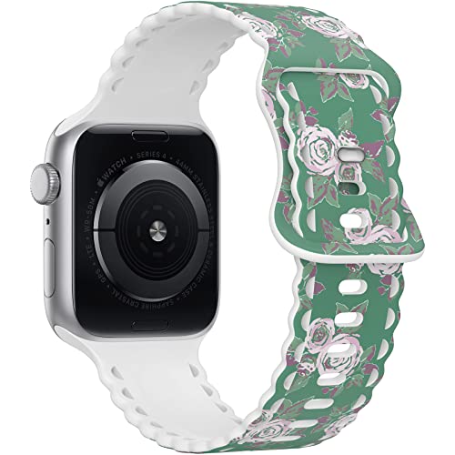 Image of Compatible with Apple Watch Band 41mm 40mm 38mm 49mm 45mm 44mm 42mm Women Girl, Rose Floral Print Lace Hollow-out Soft Silicone Sport Bands For iWatch Ultra SE Series 10 9 8 7 6 5 4 3 2, RoG-42