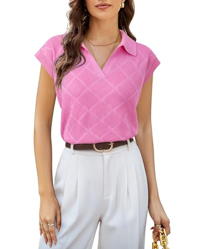 Image of Messic Womens Cap Sleeve Sweater Lapel V Neck Casual Knit Pullover Tops 2024