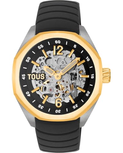 TOUS Reloj Now analógico automático con Caja de Acero IPG Dorado y Brazalete de Silicona Negra Ref. 3000138300