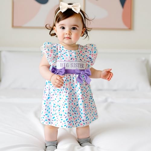 Toddler Girl Dress Flutter Ruffle Sleeve Big Sister Embroidery Smocked Dress with Bows Kids Summer Boho Swing Sundress4