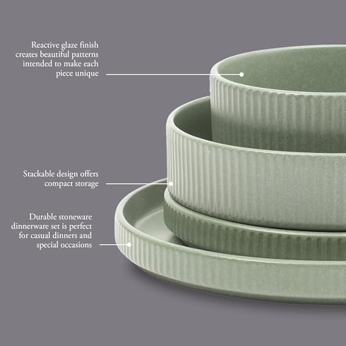Image of Gibson Elite Deerfield 16-Piece Stoneware Dinnerware Set - Matte Green Stackable Plates and Bowls, Reactive Glaze Finish, Service for 4 - Microwave & Dishwasher Safe