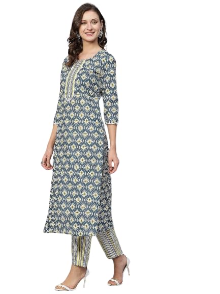 Mehta Women's Cotton Blend Straight Printed Kurta with Pant Set Blue Colour