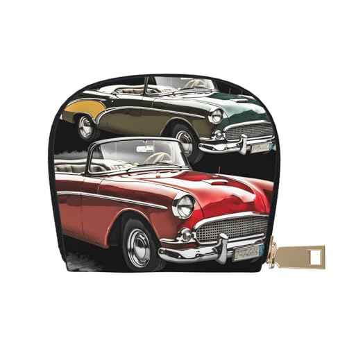 HJTRW Leather Credit Card Holder for Women Men Wallet Mini Coin Purse Pouch Classic Car Roadsters Old Fashioned Change Purse With Zipper Business Card Case