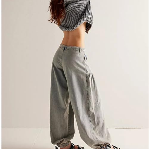 Tube Jeans Ruffle,Women's Casual Loose Fitting Mid Waist Tube Shaped Jeans,Casual Loose Wide Leg Jeans3