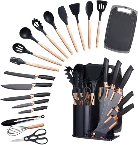 ZeeSquare 19-Piece Silicone Kitchen Utensil Set Heat-Resistant Cooking Tools with Wooden Handles - Nonstick & BPA-Free Stainless Steel Kitchen Utensil Set with Holder