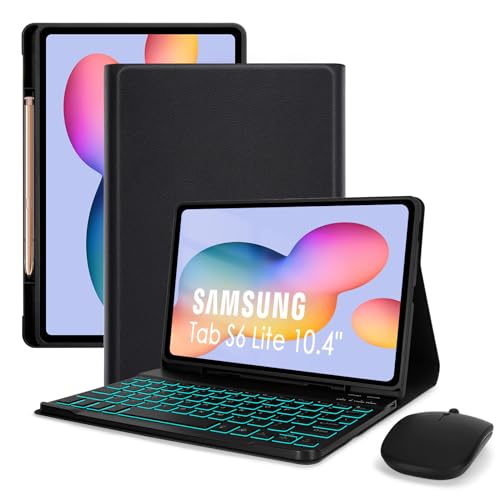 LAMA 7 Colors Backlit Keyboard Case with Mouse for Samsung S6 Lite 10.4 Inch 2020/2022/2024, Detachable Keyboard Case for Galaxy S6 Lite 10.4', Rechargeable Keyboard+Thin Case+Wireless Mouse, Black
