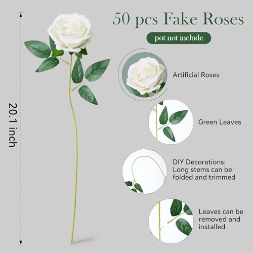 Image of INSPRING 50 PCS White Roses Artificial Flowers with Long Stems | Real Looking, Fake Roses, Silk Flowers, DIY Bouquet, Wedding Party Celebration Home Bridal Decoration Gift, for Her Wife