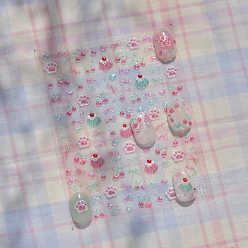 Image of 5D Embossed Cake Nail Sticker for Nails Art Pink Nail Decals Cherry Bow Nail Art Stickers Cute Nails Decal Self Adhesive Manicure Supplies Decoration for Women Girls Kid