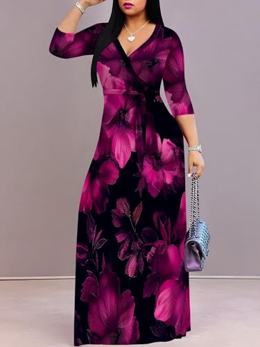 Image of SUZONANA Plus Size Dresses for Women Floral Print Maxi Dress Flowy 3 /4 Sleeve with Belt