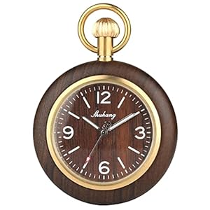 Retro unieke zwarte sandelhout quartz zakhorloge mode ronde wijzerplaat hout horloge met 30cm gouden ketting heren uur klok geschenken Heren Zakhorloges