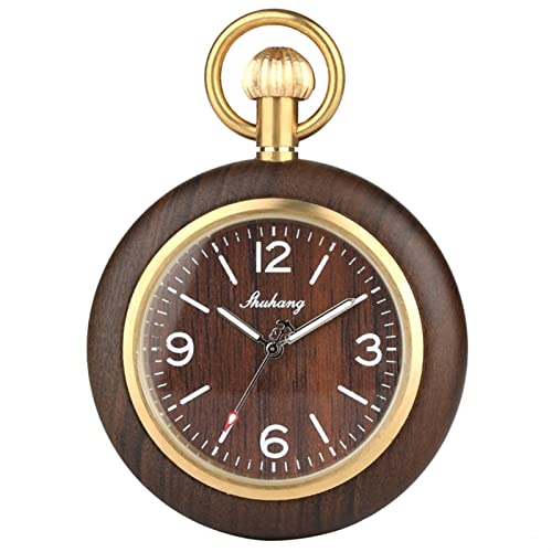 Retro unieke zwarte sandelhout quartz zakhorloge mode ronde wijzerplaat hout horloge met 30cm gouden ketting heren uur klok geschenken Heren Zakhorloges