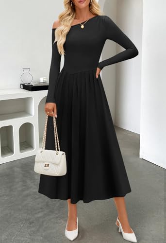 MEROKEETY Women's Fall Long Sleeve Midi Maxi Dresses 2025 One Shoulder Elegant Formal Pleated Cocktail A Line Dress3