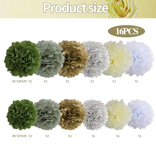 Image of BestoFun 16 PCS Sage Green Party Decorations Tissue Paper Flowers Pom Poms Decorations for Girl Groovy Birthday Baby Shower Wedding Bachelorette Room Wall Hanging Decor