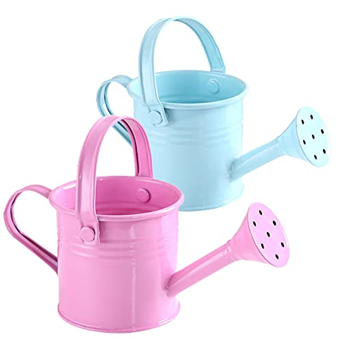 Leww 2Pcs Metal Watering Can for kids, Small Garden Outdoor Watering Bucket with 2 Handles Children Iron Watering Tin Sprinkling Kettle for Garden Yarde Home Plants Flower
