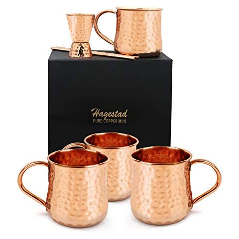 Moscow Mule Cups Set of 4. Copper Mugs Made from Pure Hammered Copper. Mule Mug Kit with Copper Shot Glass and Straws - 16oz Cover