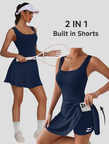 Image of NIASHOT Women's Athletic Dress with Built-in Shorts & Pockets Workout Tennis Golf Active Wear U Neck A-line Dresses