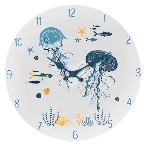 El Mercader del Mar Reloj de Pared Marinero, Reloj de Cocina, Reloj Temática Náutica, Reloj silencioso con Agujas, Maquinária de Cuarzo, Requiere 1 Pila AA 1,5 V (Medusas Azul, Ø 30 cm)