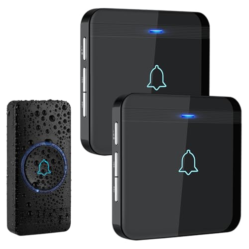 AVANTEK Funkklingel, Türklingel Funk Set, 400m Reichweite IP55 Aussen Wasserdicht Haustür Klingel mit 2 Plug-In-Empfänger, 52 Melodien, 5 Lautstärkestufen, Empfänger einfach in die Steckdose