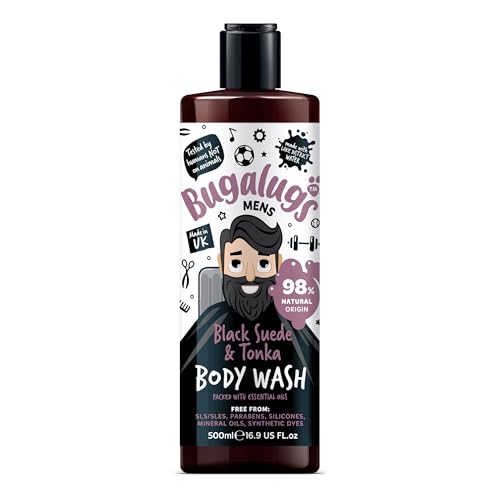 BUGALUGS Mens Shower Gel 500ml, Natural Body Wash for Men for Sensitive Skin packed with essential oils & made with Lake District Water. Now smell better than your Dog (Black Suede & Tonka)
