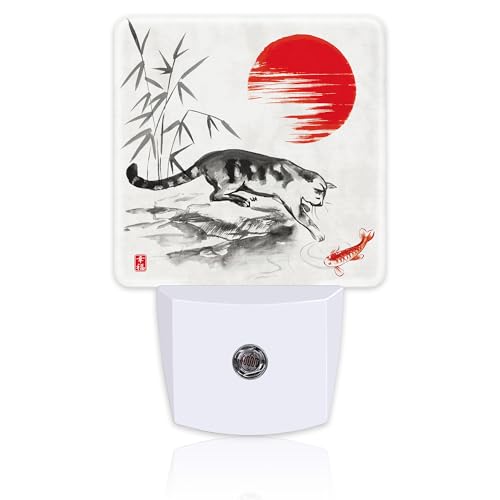 Image of Watercolor Cat and Koi Fish Night Light, Red Sun Bamboo Ink Painting Dusk to Dawn Night Light Plug in,0.5w Energy Saving Sleep Friendly NightLight for Kids Boys Girls Home Decor