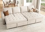 HONBAY Modular Sectional Sleeper Sofa with Pull Out Bed, Linen Convertible Sectional Couches for Living Room,Beige