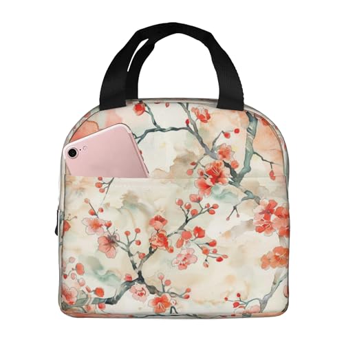 YELITAU Lancheira térmica térmica à prova d'água com padrão de flor asiática espessa com vários bolsos bolsa térmica térmica para trabalho, escritório, piquenique, uso diário