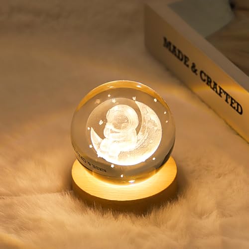 3D Moon Crystal Ball Lamp with Dimmable LED and Wooden Base, Night Light for Kids Teens Adults, Home Desk Office Bedroom Decor, Birthday Gift (2.4”/ 6cm) - Image 4