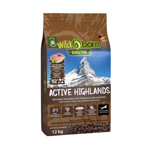 Wildborn Active Highlands 1 x 12 kg Hundefutter für aktive Hunde, getreidefrei mit 92% tierischem Eiweiß* | sensitives Hundefutter für aktive Hunde Made in Germany