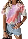 EFOFEI Damen Batik Print Kurzarmhemd Pastellfarbener Farbblock Sommeroberteile Rose 5XL