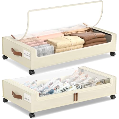 Image of Yecaye Under Bed Storage with Wheels, 2 Pack Under Bed Storage Containers, 60L Underbed Shoe Storage with Clear Window & Label, Rolling Under Bed Metal Drawer for Clothes, Shoes, Books, Blankets