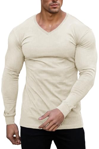 Muscle Cmdr Camiseta Térmica Ajustada de Manga Larga con Cuello en V para Hombre,Estilo Informal,Acanalada,Ligera, para Uso Interior Beige L