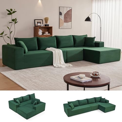 Image of Mangodan 140 inch Cloud Sectional Couch, Boneless Sofa for Living Room, Modular Sectional Sofa with Deep Seat, Comfy Fluffy L-Shaped Couch with Right-Facing Chaise, No Assembly Required, Green