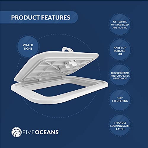 Five Oceans Fo2078 Marine Deck Access Hatch With T-Handle, Locking Slam Latch, 10-7/8 Inches (276Mm) X 14-3/4 Inches (375Mm), Off-White, Uv-Resistant Abs Plastic, 180-Degree Locking Hinges #TOP1