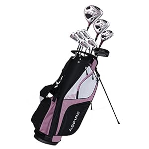 Aspire XD1 Ladies Womens Complete Right Handed Golf Clubs Set Includes Titanium Driver, S.S. Fairway, S.S. Hybrid, S.S. 6-PW Irons, Putter, Stand Bag, 3 H/C’s Pink