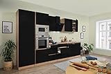 respekta Premium grifflose Küchenzeile Küche Küchenblock 345 cm Eiche Sonoma schwarz Hochglanz inkl. Softclose, Induktionskochfeld & Kühl-Gefrierkombination 144 cm