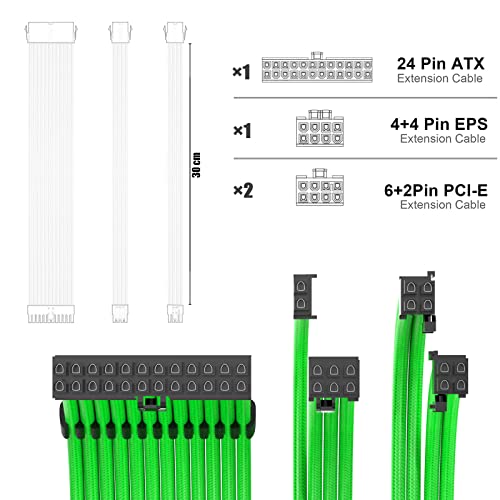 Image of PSU Extension Kit With Two Sets of Cable Combs - 24Pin /8Pin EPS /2x8Pin PCI-E, 30CM Length, Sleeved for ATX Power Supply (Green) (A-CC-1)