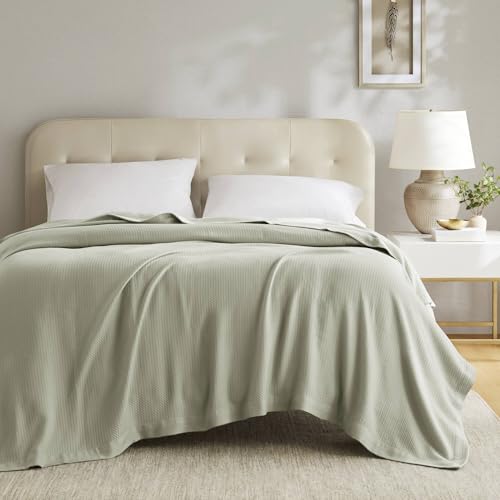 Image of Madison Park 100% Egyptian Cotton King Bed Blanket for Summer Sage Green | Cozy Soft Breathable Durable, Waffle Weave Woven Casual, Lightweight Knit All Season Throw for Bed Couch or Sofa, OEKO TEX
