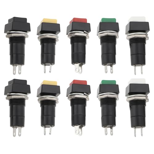 YINETTECH 10pcs 12mm On Off Momentary Square Push Button Switch SPST Momentary Push Button Switch 250V/3A for Auto Electronics, Black White Yellow Green Red
