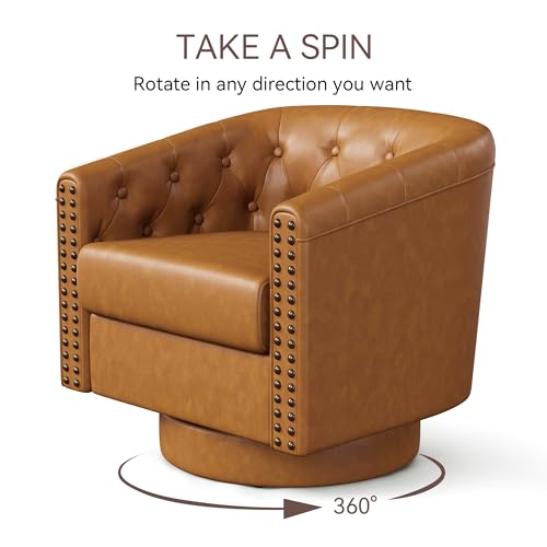 Image of Swivel Barrel Accent Chairs Set of 2, Round Faux Leather Living Room Arm Chairs, Modern Upholstered Comfty Reading Nook Chairs for Bedroom, Small Club Armchairs, Sofa Side Chairs, Brown