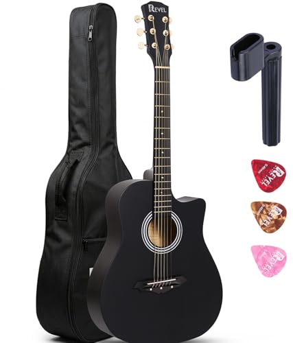 Image of Revel 38 Inch Acoustic Guitar Cutaway Wooden Guitar with High-Gloss Finish, Steel Strings, Smooth Tuning Pegs, Includes Carry Bag, Picks & Sting winder Guitar for Adults. (MATT-BLACK)