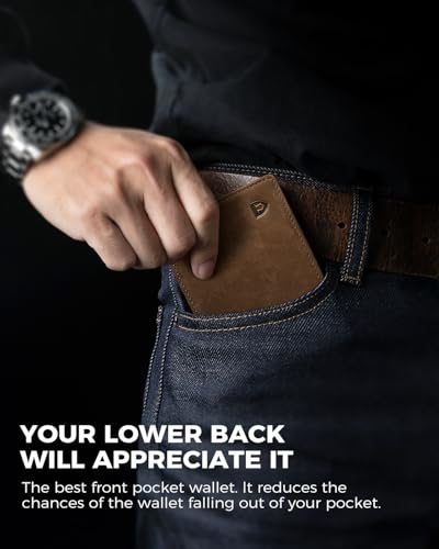 LORZOR Full Grain Vintage Leather Wallet for Men, Minimalist Front Pocket Mens Wallet Slim Bifold RFID Blocking with ID Windows, Gift for Men Dad Husband2