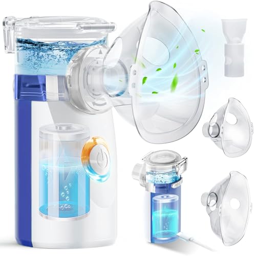 Aerosol Portatile Silenzioso, Wholede Macchina Aerosol per Adulti e Bambini, Aerosol Ultrasuoni con 2 Maschere E Boccaglio, 2 Modalità Regolabili, USB-C Ricaricabile(Blu)