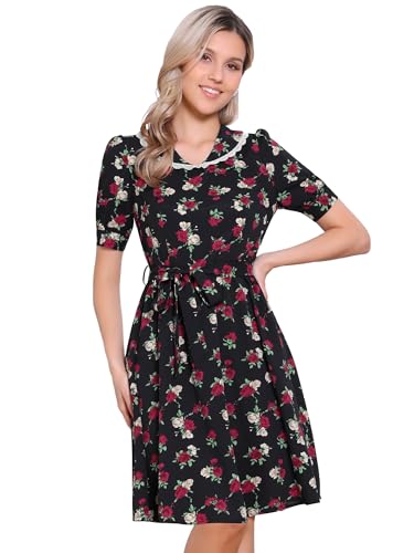 Image of Allegra K Women's Vintage Peter Pan Collar High Waist Flowy Midi Puff Sleeve Floral Dress