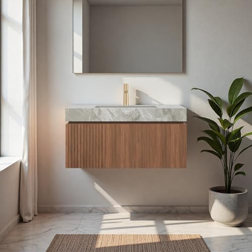 Image of 36 inch Bathroom Vanity with Sink, Wall-Mounted Plywood Bathroom Storage Cabinet with Ceramic Basin & Sintered Stone Countertop, Modern Pre-Assembled Floating Vanity with Drawer & Door, Brown Oak