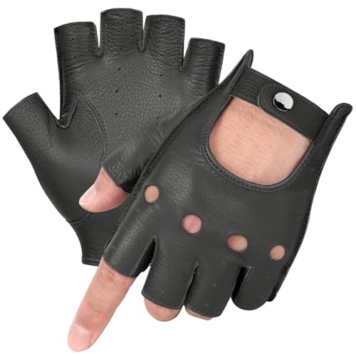 Image of GSG Men's Fingerless Leather Driving Gloves, Half Finger, lambskin | Half Finger Design, Breathable Comfort,Driving, Motorcycle Riding, Racing, Cycling, Daily Wear